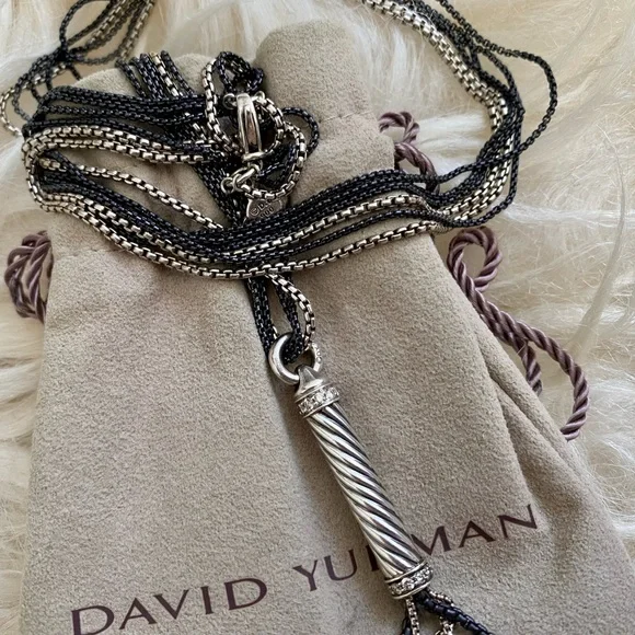 David Yurman Sterling Silver and Black Diamond Tassel Cable Chain Long Necklace - Picture 13 of 15